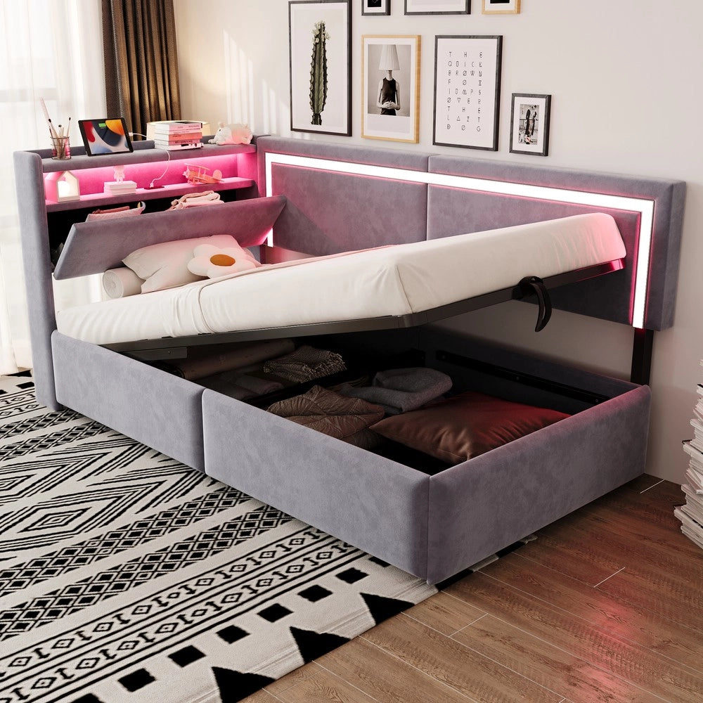 Letto Imbottito Contenitore con LED ¨C MINIMAL ¨C Velluto Grigio Chiaro 90x200