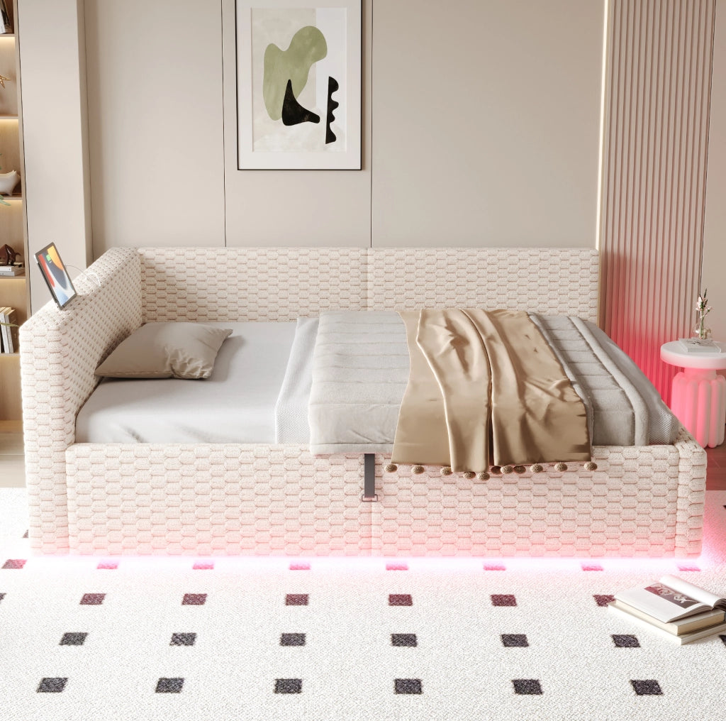 Multifunktionsbett 140x200 cm con LED; USB-C e vano contenitore; velluto beige