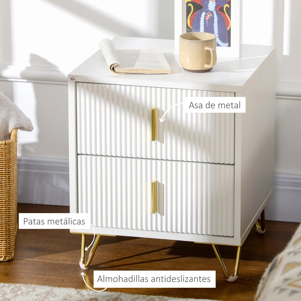 Comodino con 2 cassetti ¨C Xylo ¨C Bianco con gambe in metallo 40x40x47 cm