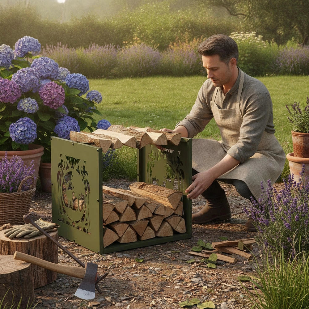 Porta legna verde oliva, 40x40x40 cm, in acciaio laminato a freddo – robusto e resistente, ideale per esterni, giardino e camino, pratico e durevole