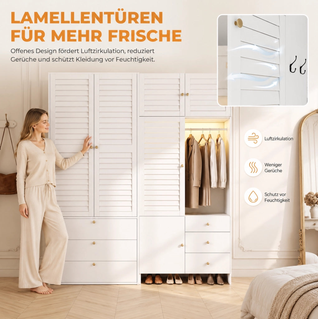 Armadio bianco multifunzione con 2 bastoni appendiabiti, 6 cassetti, cesta portabiancheria e illuminazione LED, 180x50x200 cm