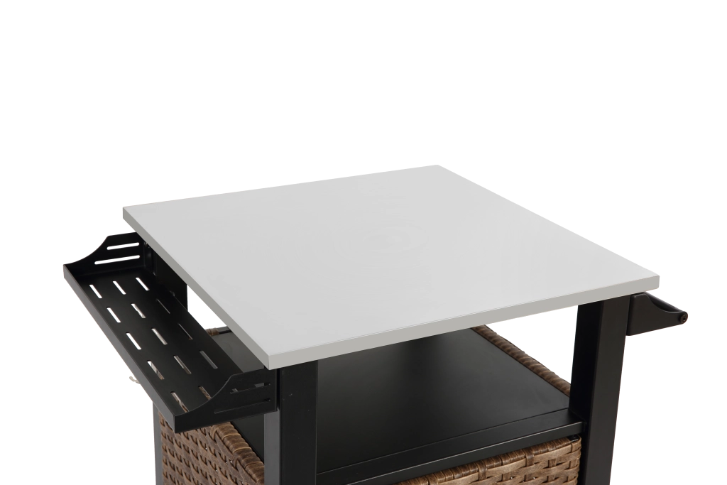 Carrello da cucina con ruote, anta, cassetto e ripiani, portabicchieri, per esterno, in acciaio e rattan, marrone