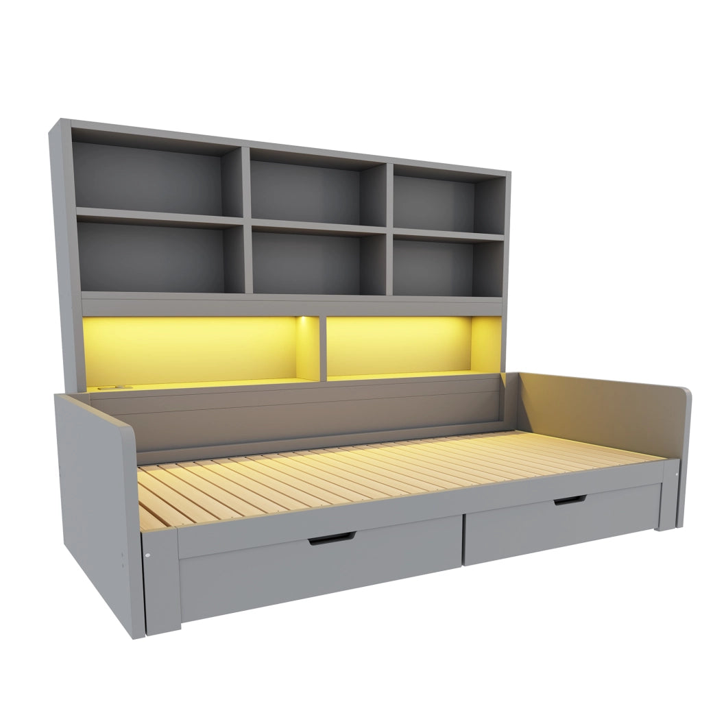 Letto divano trasformabile 90/180 x 200 cm in MDF grigio con contenitore; LED e prese