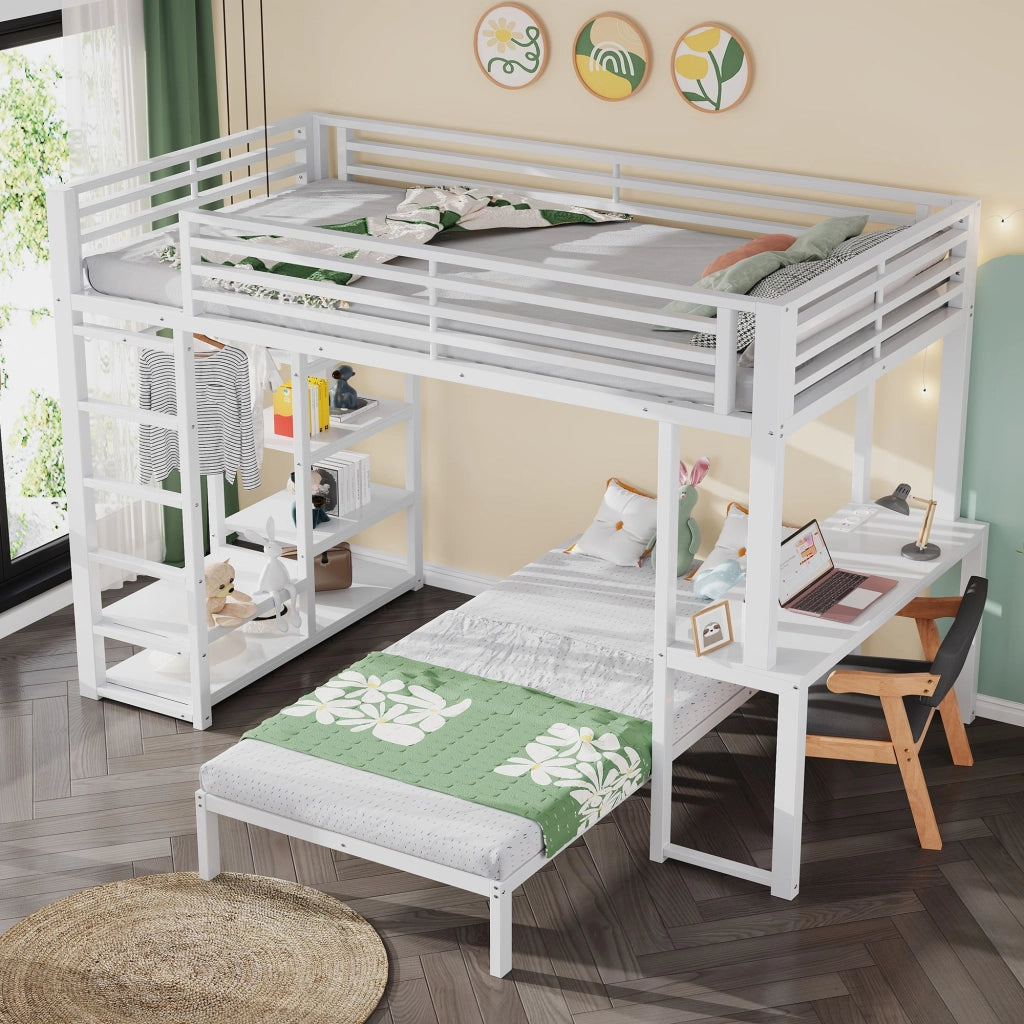 Letto a castello 90 x 200 cm, struttura in metallo, con scrivania, presa di ricarica, 4 ripiani portaoggetti, bianco
