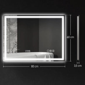 Specchio da bagno LED 80x60 cm con Bluetooth, funzione orologio, 3 colori luce, antiappannamento, argento