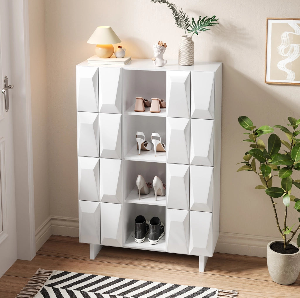Vetrina scarpiera in truciolare 90;5x34x135;5 cm; 4 ante e 12 scomparti; bianco