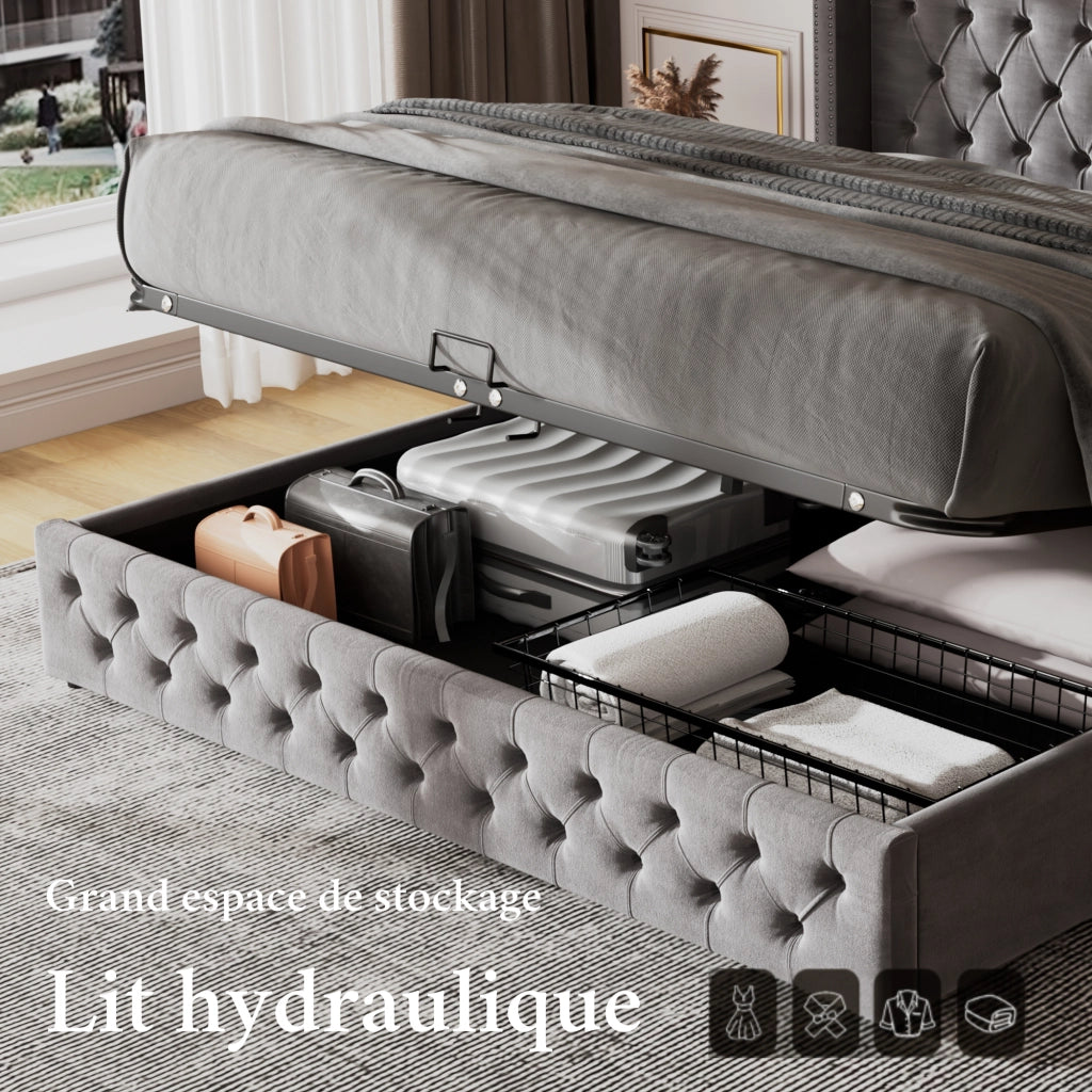 Letto matrimoniale contenitore 140 ¡Á 190 cm in velluto grigio con testiera capitonn¨¦ e rete a doghe