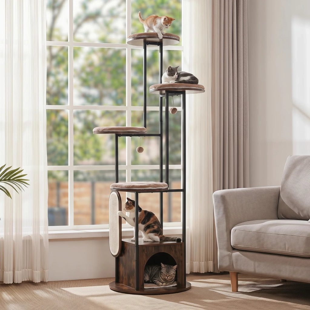 Tiragraffi Casa per Gatti 72-Inch Multi Livello, Piattaforme Superiori, Tappetini Rimovibili Lavabili, Marrone Rustico, Robusto, per Casa