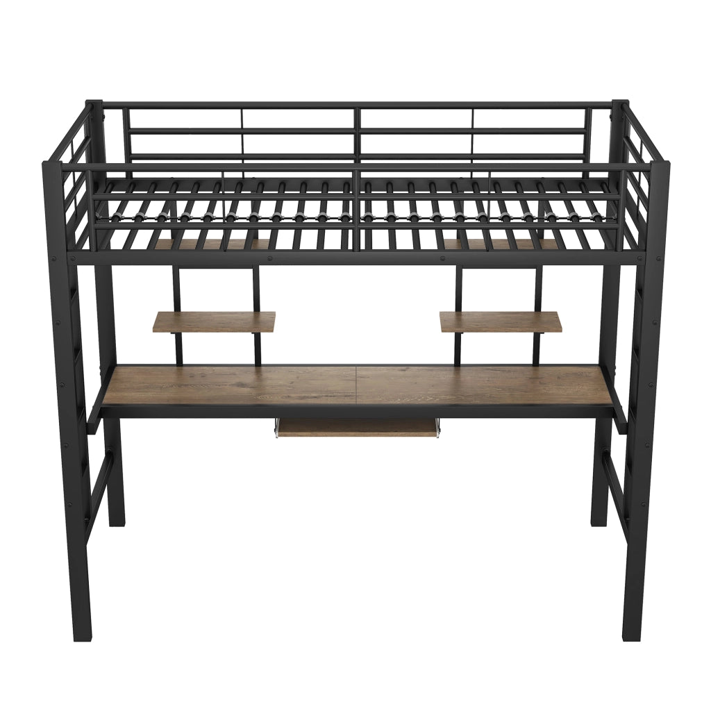Letto a soppalco 90 × 200 cm in metallo nero con scrivania due scaffali e ripiano per tastiera bambini