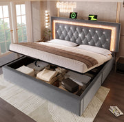 Letto matrimoniale 140x200 cm in velluto grigio con LED e contenitore