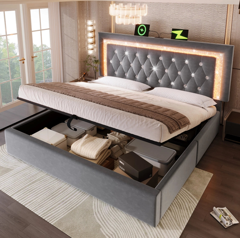 Letto matrimoniale 140x200 cm in velluto grigio con LED e contenitore
