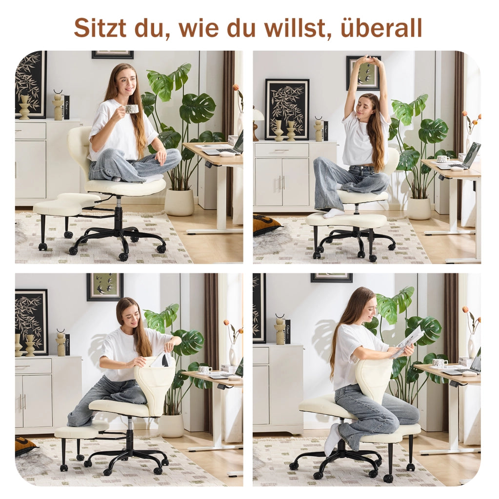 Sedia da meditazione e yoga con ruote silenziose; altezza regolabile e poggiapiedi; bianca