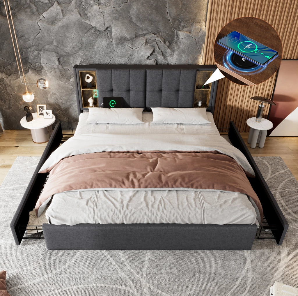 Letto imbottito 160x200 cm con ricarica wireless, USB, USB-C e 4 cassetti in lino grigio