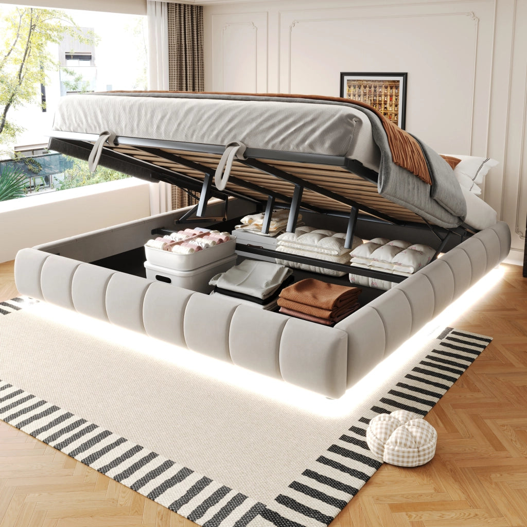 Letto Matrimoniale Imbottito 180x200 cm in Velluto con Contenitore Idraulico; LED; Testiera; Beige