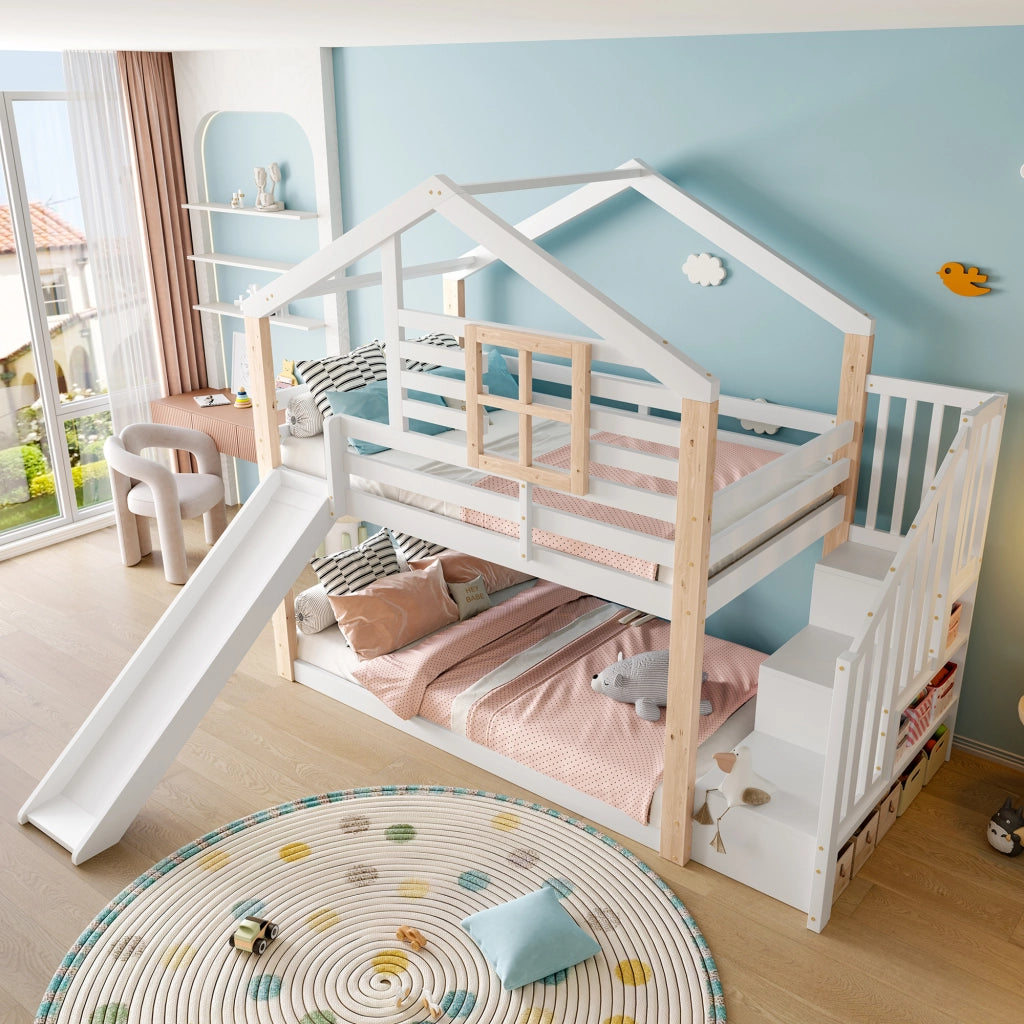 Letto a Castello 90x200 cm; Letto 2 Posti - con Rampa; Scala con vani - Legno - Bianco