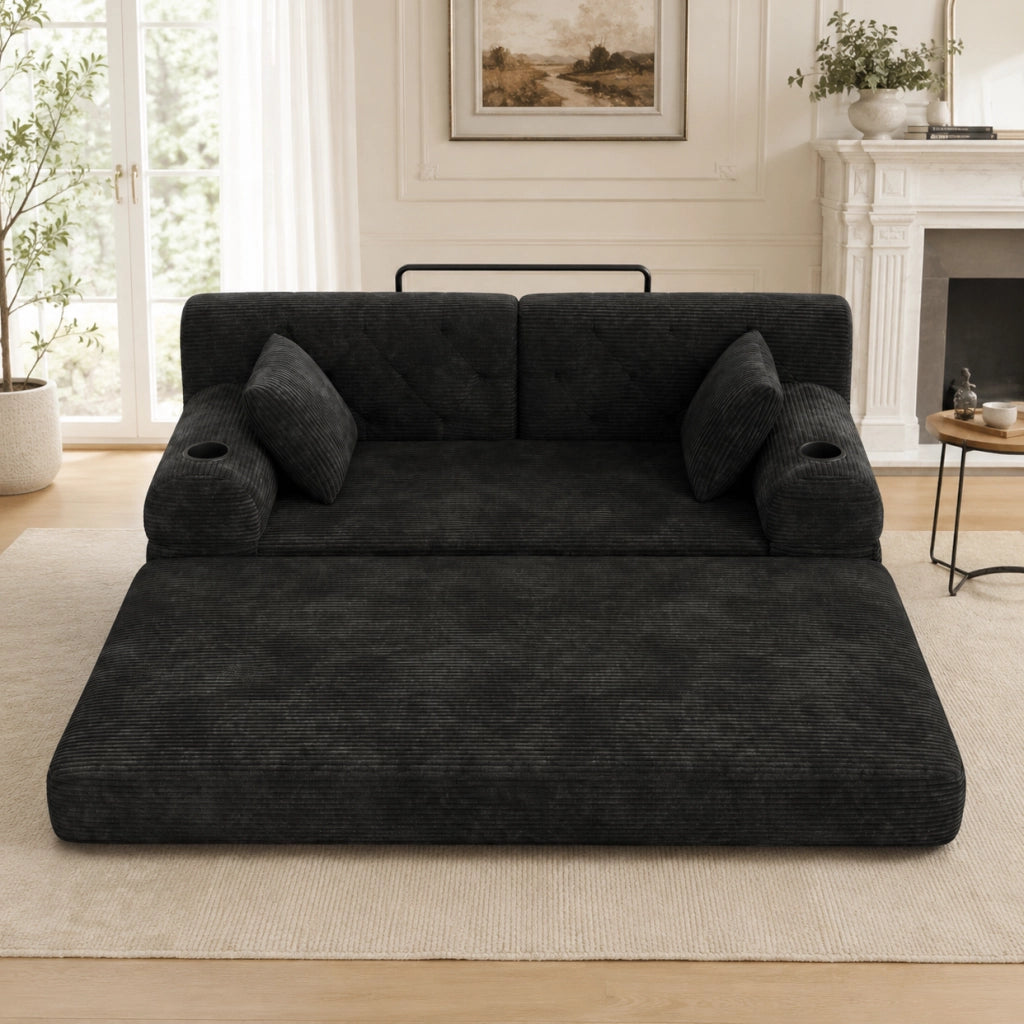 Divano letto 3 posti con rivestimento in velluto a coste, schienale alto, struttura in metallo, 2 portabicchieri e 4 tasche laterali, nero