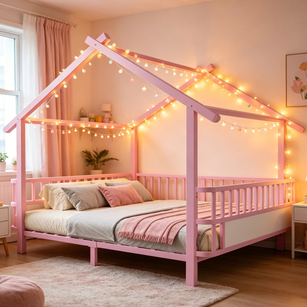 Letto per bambini in metallo a forma di casetta 140x200 cm; rosa