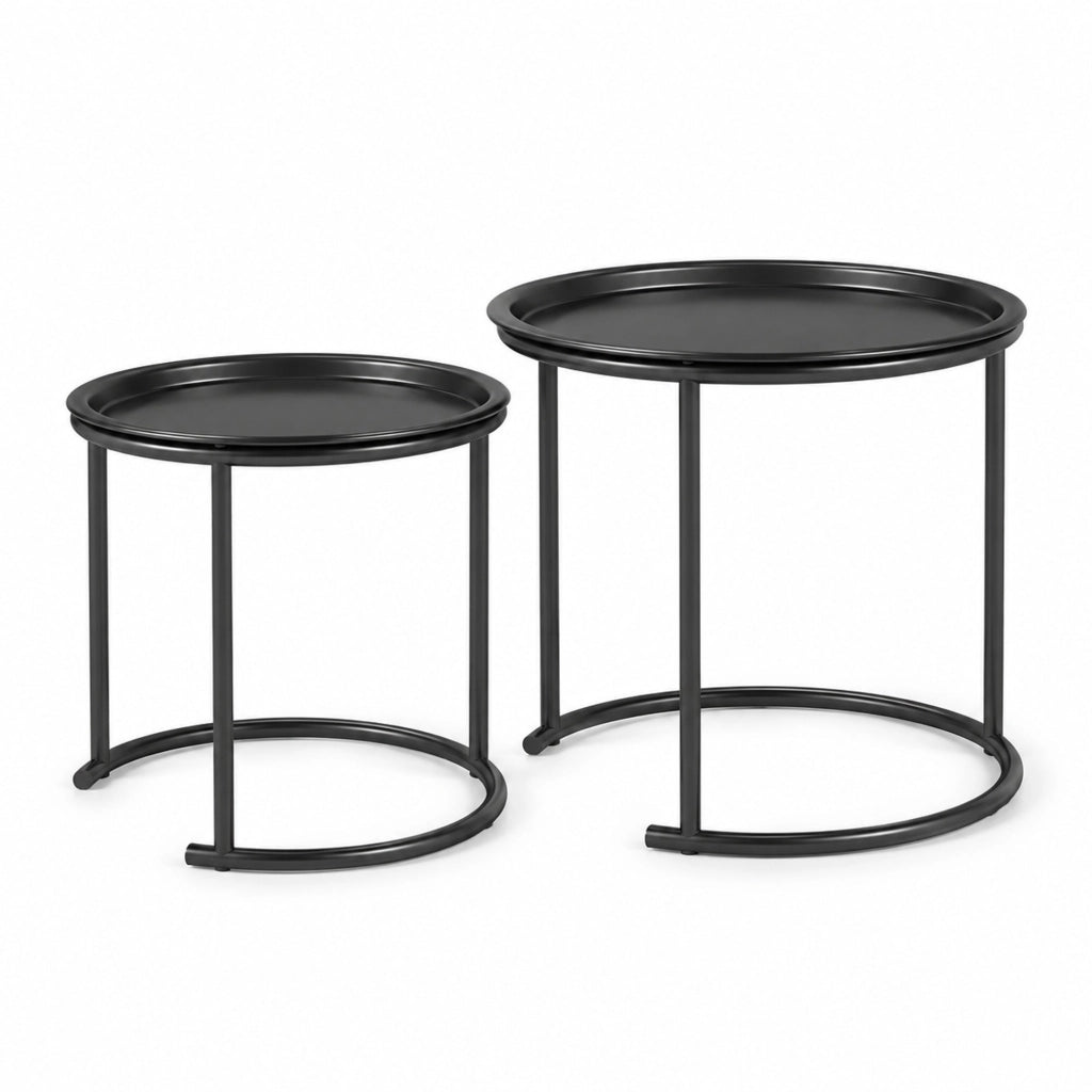Tavolini bassi a incastro set di 2 con vassoi rimovibili in acciaio nero portata 10 kg Ø 43 × 38 e Ø 35 × 34 cm