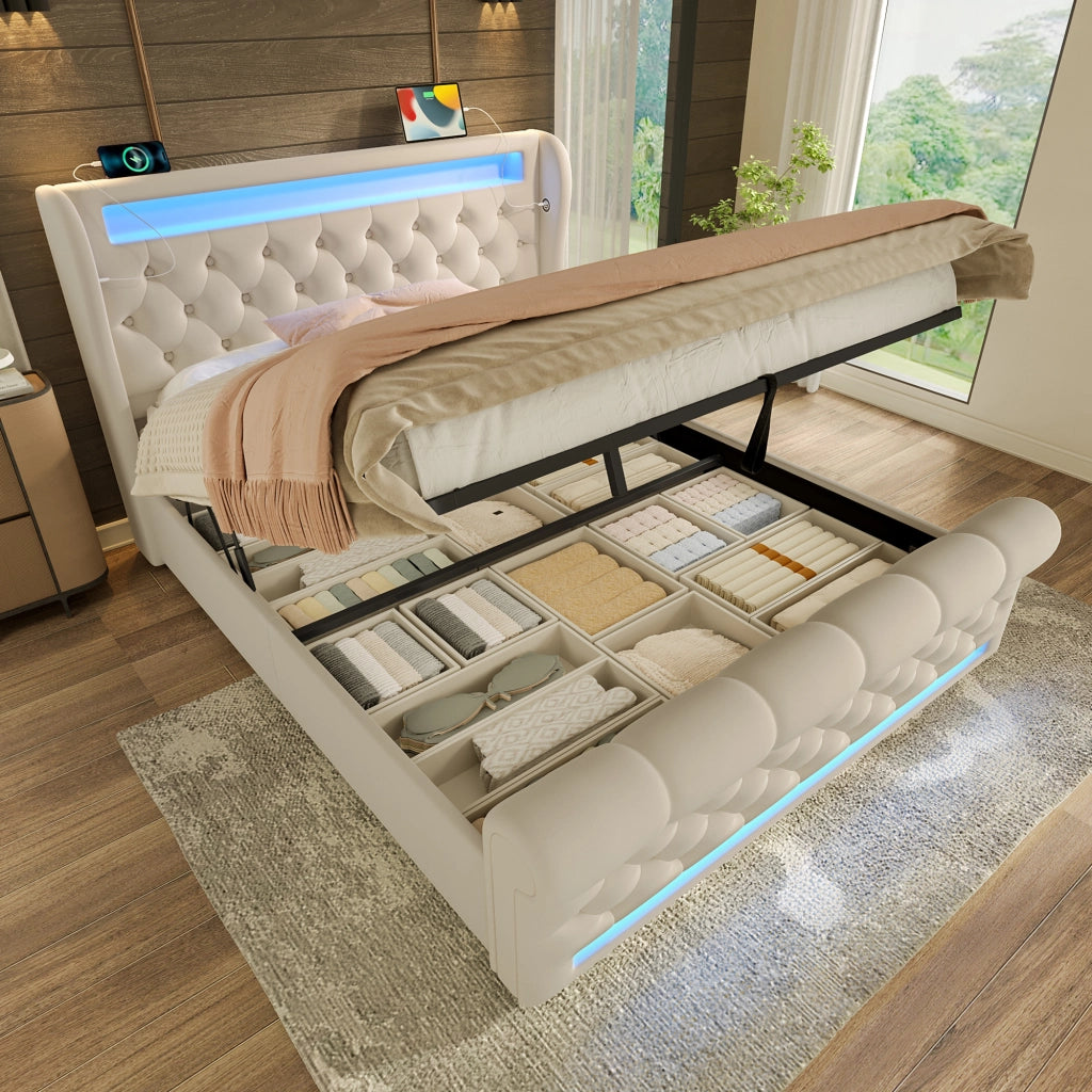 Letto imbottito matrimoniale 160 × 200 cm LED; contenitore idraulico; USB e Type-C; senza materasso; velluto beige