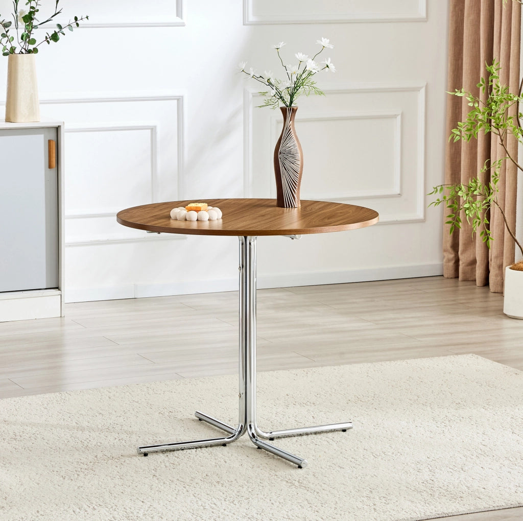 Tavolino basso rotondo 85 cm in MDF noce e metallo cromato, per piccoli spazi