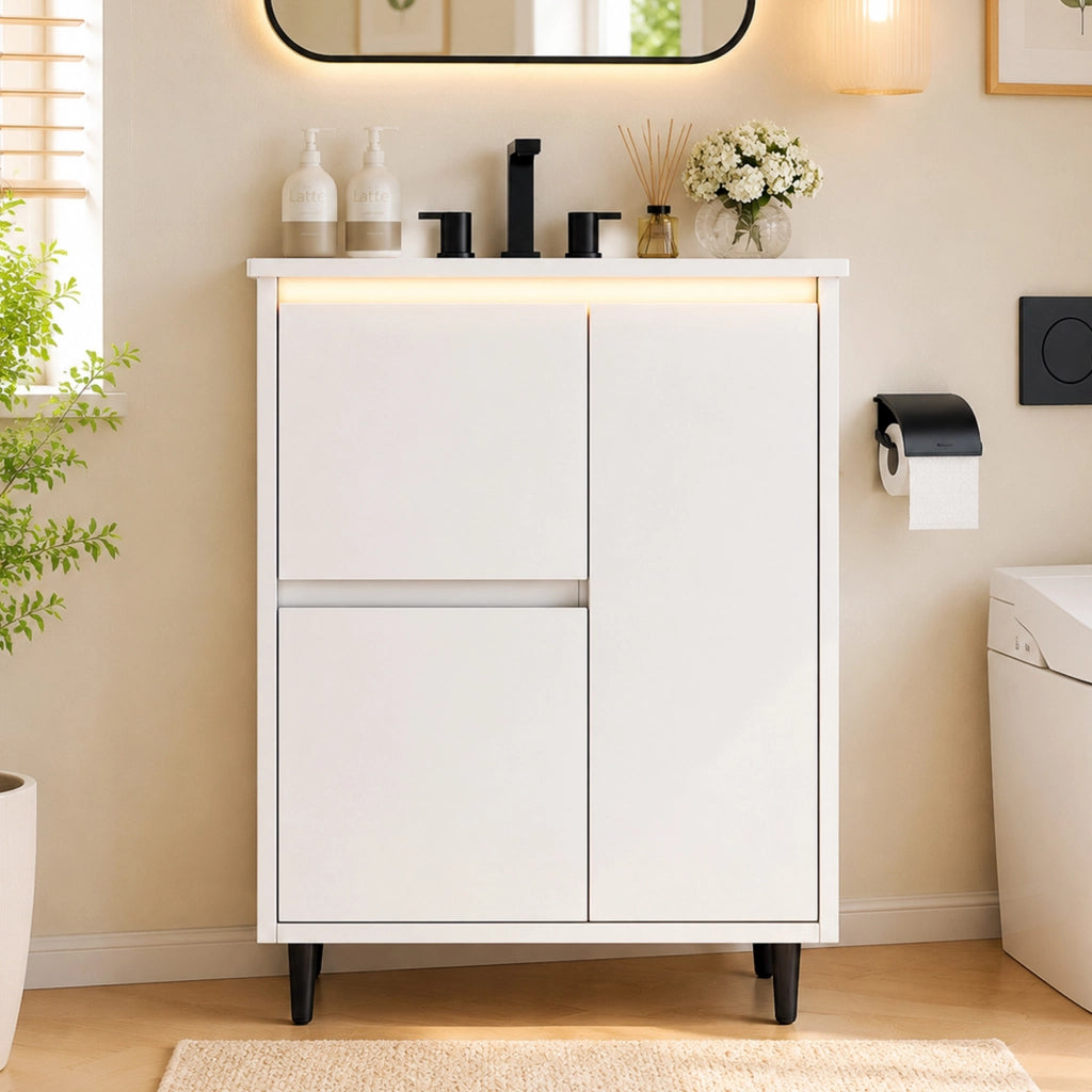 Mobile lavabo freestanding con 2 cassetti e anta soft close in MDF con lavabo integrato in ceramica bianco