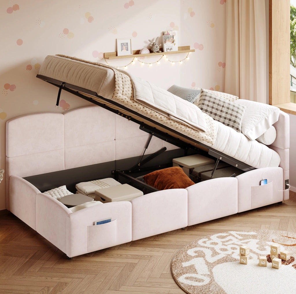 Letto contenitore multifunzione 90x200 cm in velluto rosa con ricarica USB e tasche laterali