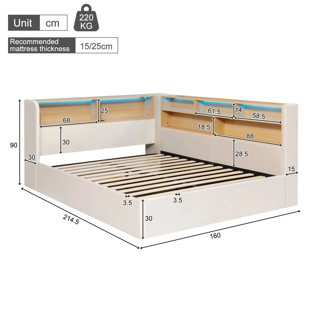 Letto imbottito contenitore con LED USB ¨C Minimal ¨C Beige velluto 140x190 cm idraulico
