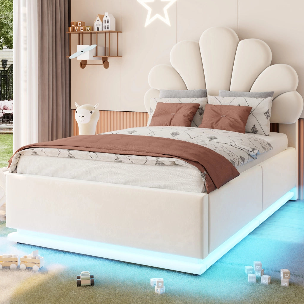 Letto contenitore 90 x 200 cm, testiera a fiore, contenitore idraulico, LED, velluto beige