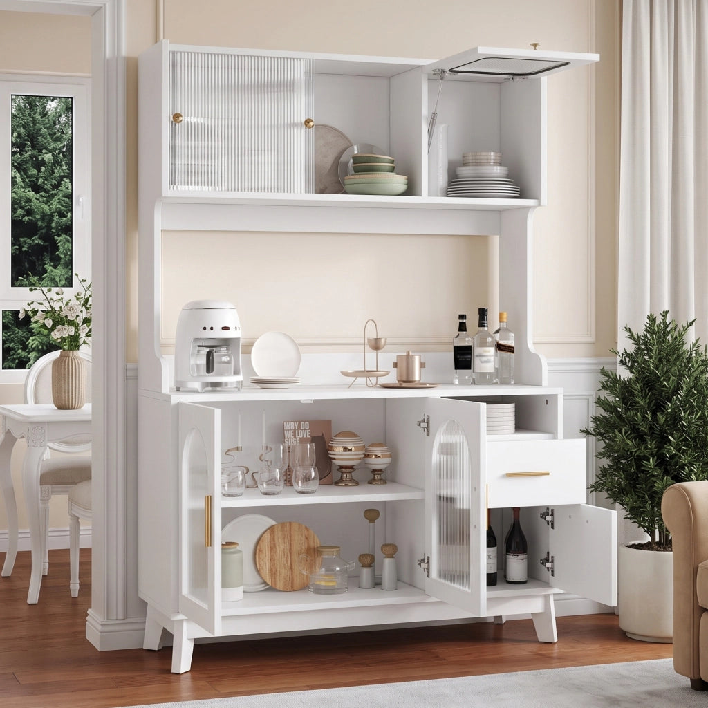 Credenza alta da pranzo con prese integrate e vetro acrilico ondulato; in truciolare bianco 120 × 40 × 178 cm