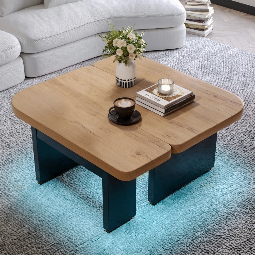 Tavolino da caffè con LED; 2 cassetti e 2 tavolini combinabili 90 x 60 x 44;5 cm; MDF naturale e nero
