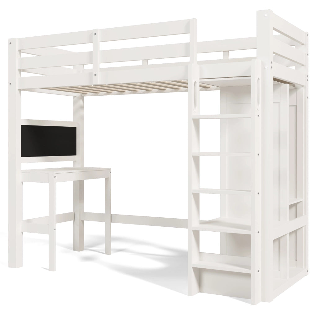 Letto a soppalco per bambini 90x200 cm con scrivania, armadio aperto e lavagna doppia, struttura in legno bianco senza materasso