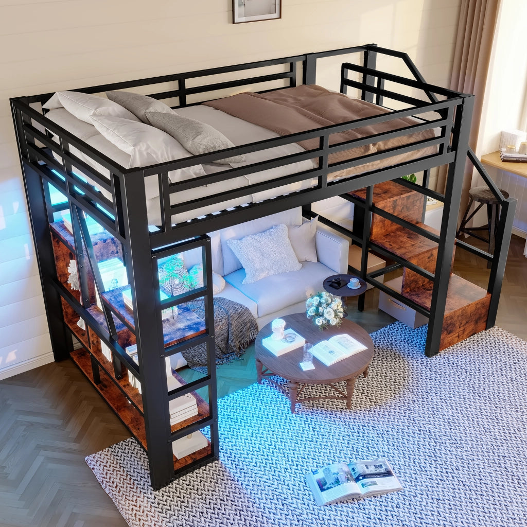 Letto a soppalco 140x200 cm con LED; scala con contenitore e ripiani; metallo e MDF nero