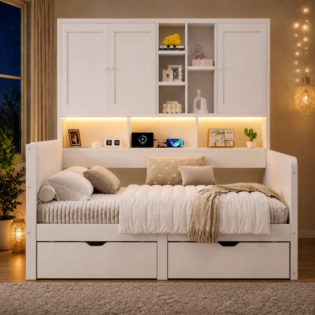 Letto singolo 90 × 200 cm con LED USB e USB-C cassetti ripiani testiera imbottita in PU MDF bianco