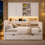 Letto singolo 90 × 200 cm con LED USB e USB-C cassetti ripiani testiera imbottita in PU MDF bianco