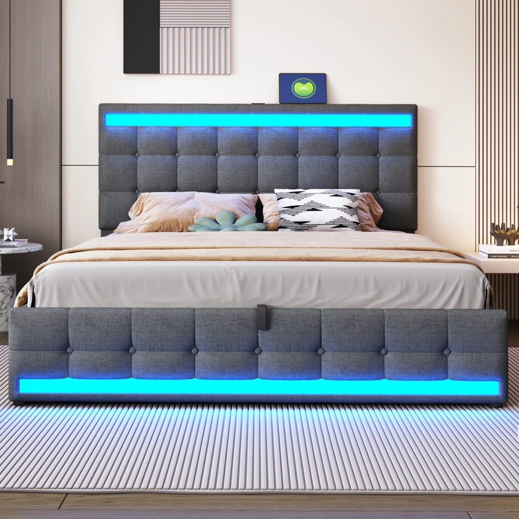 Letto imbottito 180 x 200 cm con contenitore idraulico, porta USB e striscia LED a colori variabili, letto singolo in lino, Grigio