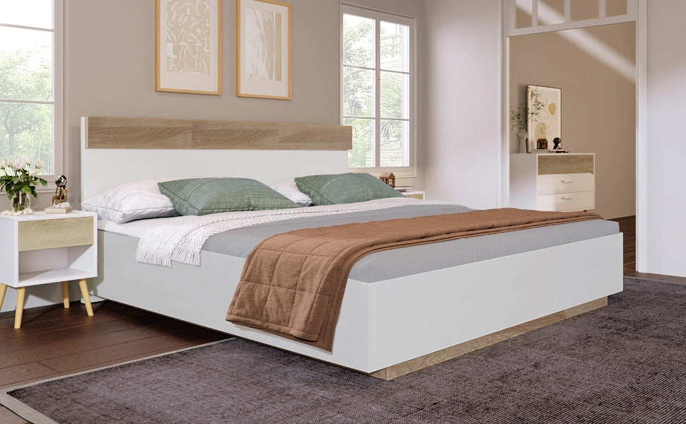 Letto matrimoniale 180 × 200 cm con rete a doghe e testiera in legno bianco e rovere Sonoma sospeso