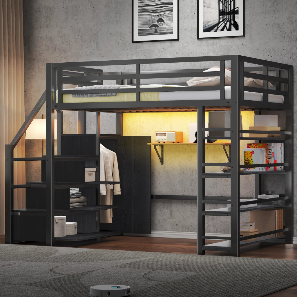 Letto a soppalco nero salvaspazio con scaffale; armadio e scala contenitore