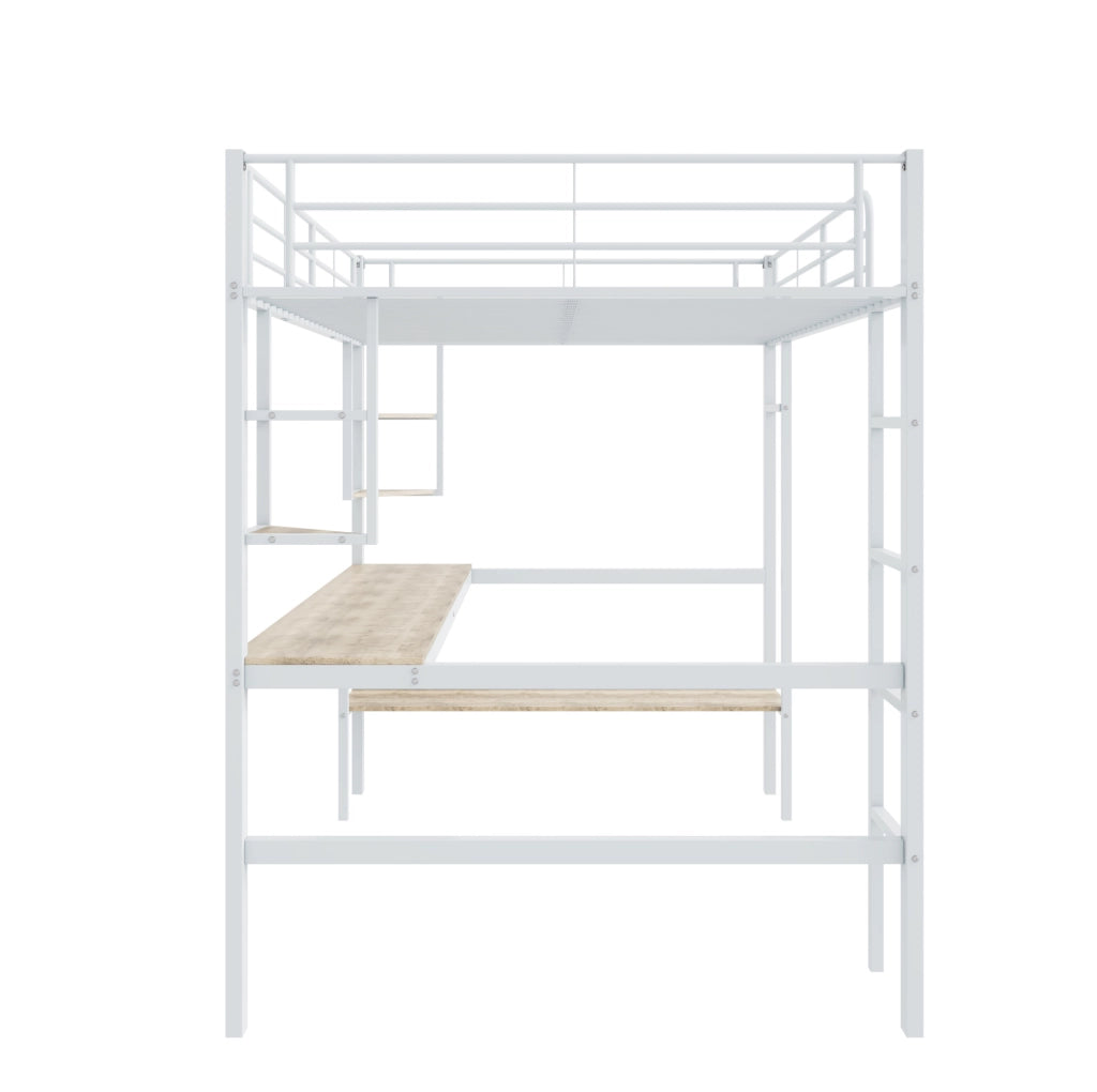 Letto a soppalco 90x200 cm con scrivania e libreria in metallo e MDF; bianco