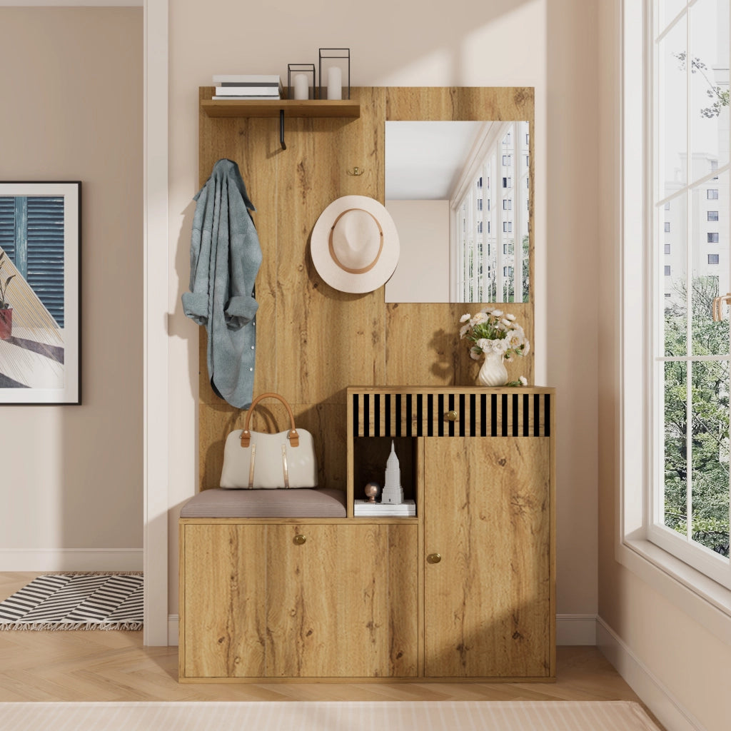 ARMADIO Ingresso con Specchio e Seduta 110x37x185,5 cm MDF Nero e Legno