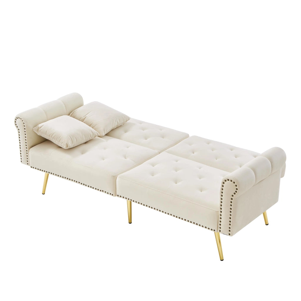 Divano letto 2 posti con doppio schienale regolabile in 3 posizioni e 2 cuscini, in velluto beige, 147 × 85 cm