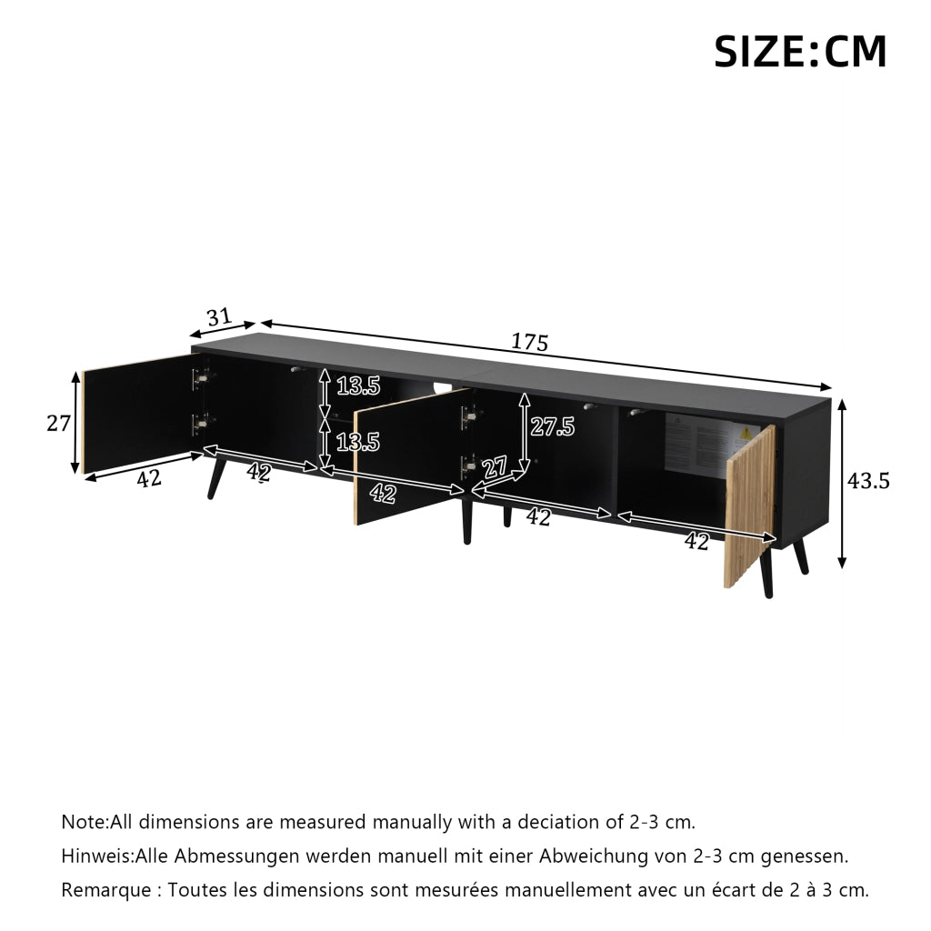 Mobile TV LED con 3 ante e ripiani in vetro regolabili per soggiorno, legno naturale e nero, 175 × 31 × 43.5 cm