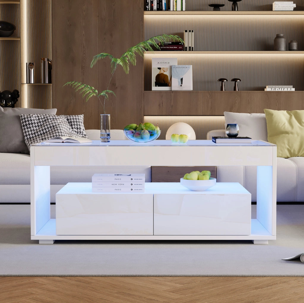 Tavolino da caffè moderno bianco con LED e ampio spazio contenitivo