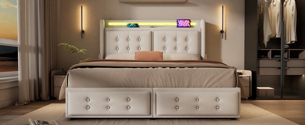 Letto matrimoniale imbottito 160x200 cm, beige, cotone. Testiera in pelle con ricarica USB C, 4 cassetti. Rete a doghe legno/metallo, portata 300 kg. Con materasso.