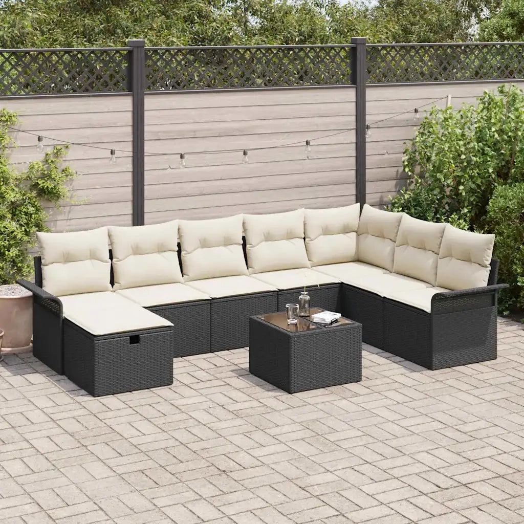 Set Divano da Giardino 9 pcs Nero e Crema polyrattan