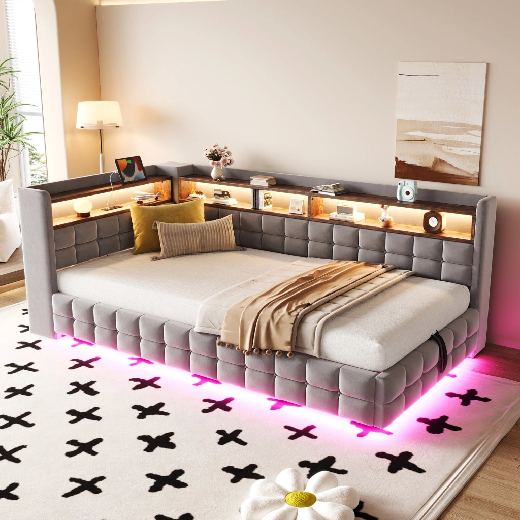 Divano letto 90 × 200 cm con vano contenitore idraulico; ripiani; LED; prese USB e Type-C in velluto grigio chiaro