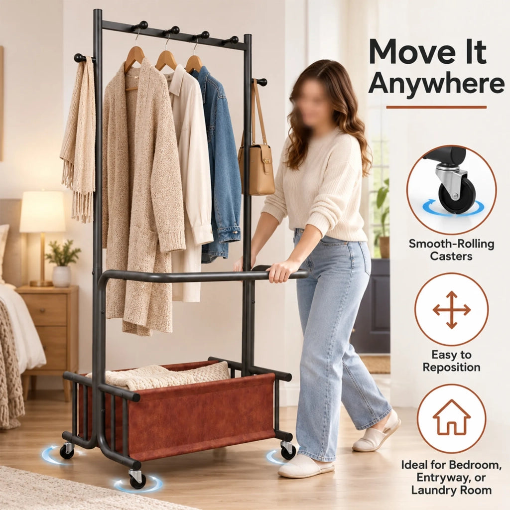 Appendiabiti in metallo con ruote, design multi-gancio e grande cesto porta indumenti in tessuto. Versatile per camera da letto, ingresso e lavanderia
