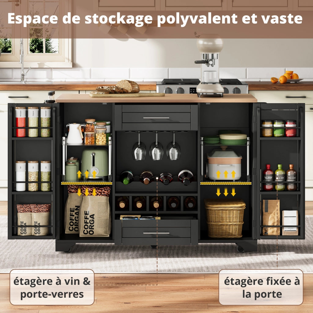 Carrello da cucina con piano pieghevole, 2 ante, 2 cassetti, portabottiglie e portaspezie per cucina, 138 × 45/70 × 92 cm