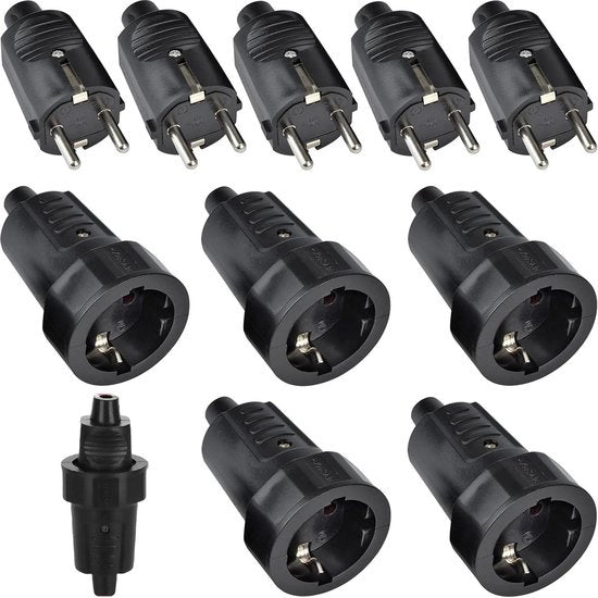 6 connettori di presa Schuko - 250 V 16 A IP44 con connettore a terra - set di connettori a terra in gomma - 2-polare - impermeabile all'acqua - presa di sicurezza - nero.