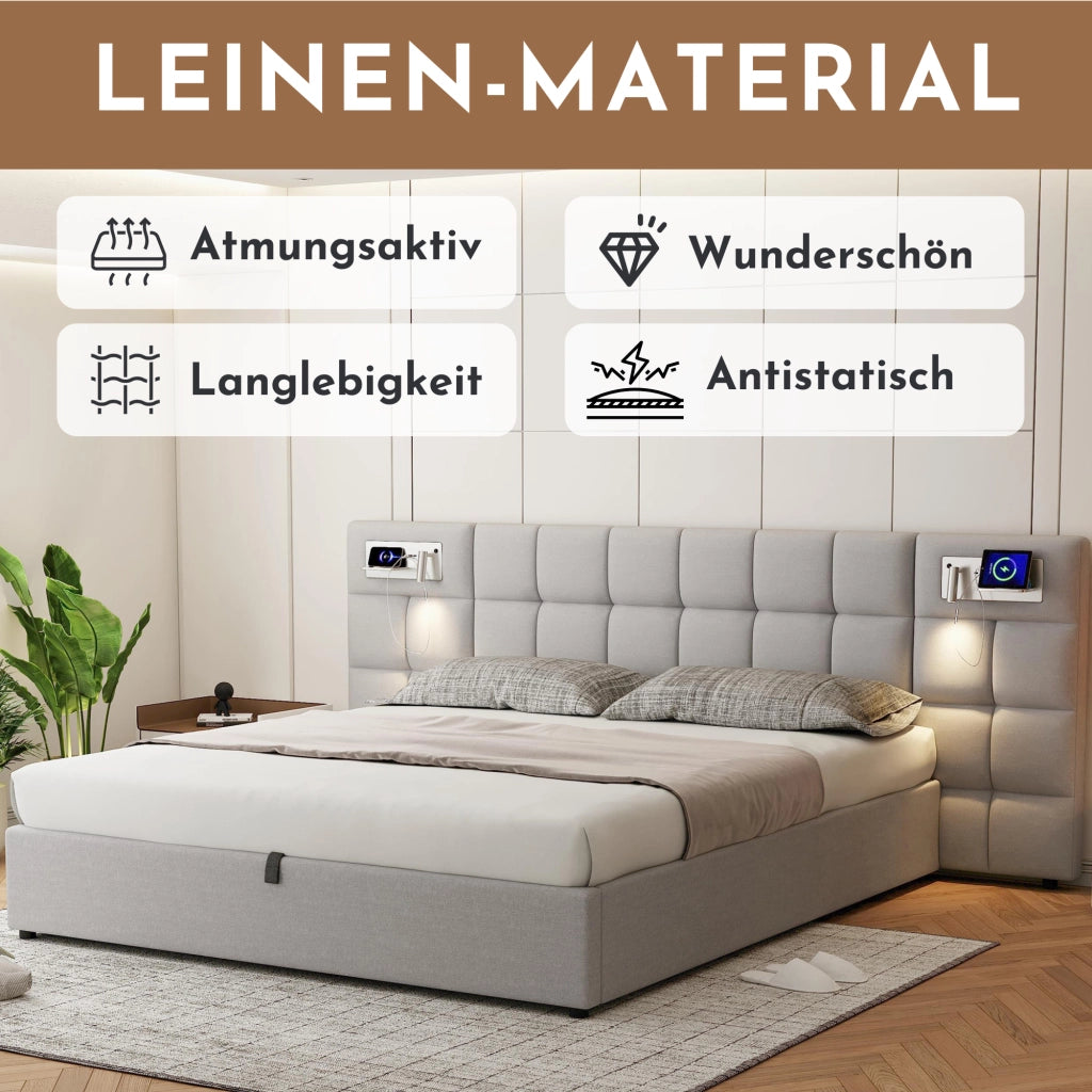LETTO Contenitore Idraulico 180x200 cm Lino Grigio USB Ricarica Wireless Luce
