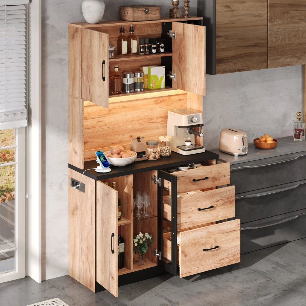 Credenza da cucina alta con LED, 3 cassetti, vano vetrina, ripiani regolabili e prese, in MDF, 105 × 40 × 180 cm